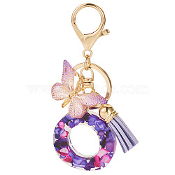 Resin Butterfly Pendant Keychains, with Suede Tassel Charms and Alloy Findings, for Car Key Bag Accessories, Golden, Blue Violet, Letter O, 105mm(KEYC-TAC0034-03O)