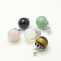 Natural & Synthetic Mixed Stone Pendants, with Brass Findings, Round, Platinum Metal Color, 25x18mm, Hole: 7x4mm(G-C099-M)