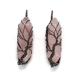 Natural Rose Quartz Big Wire Wrapped Pendants, with Brass Wires, prismatic with Tree of Life, Red Copper, 48~62x14~17x13~18mm, Hole: 4x5~6mm(G-T133-R02G)