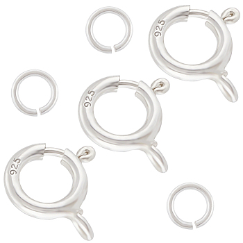 8Pcs 925 Sterling Silver Spring Ring Clasps, with 8Pcs 925 Sterling Silver Open Jump Rings, Silver, 7mm