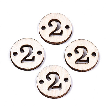 Unfinished Natural Poplar Wood Links Connectors, Laser Cut, Flat Round with Number, Num.2, 19.5x2.5mm, Hole: 2mm