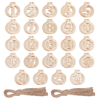 Number 1~ 24 Unfinished Wood Lantern Pendant Decorations, Kids Painting Supplies, Wall Decorations, with Jute Rope, BurlyWood, Wood: 5.8x5x0.3cm, Hole: 4mm, 24pcs