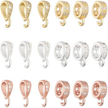 18Pcs 6 Style Brass Crystal Rhinestone Tube Bails, with Open Loop, Round Ring & Teardrop, Mixed Color, 10~11x6~7x3mm, Hole: 1.2~1.5mm, Inner Diameter: 3~5.5mm, 3pcs/style