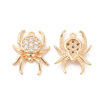 Brass & Cubic Zirconia Pendants, Spider Charm, Real 18K Gold Plated, 20.5x16x3mm, Hole: 1.2mm