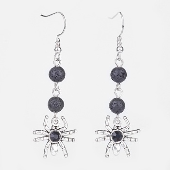 Tibetan Style Glass Spider Dangle Earrings, with Natural Lava Rock and Platinum Tone Brass Earring Hooks, 58mm, Pin: 0.5mm
