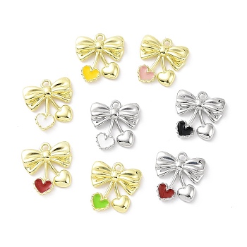 Rack Plating Alloy Enamel Pendants, Bowknot with Heart Charms, Mixed Color, 19.5x19x3.5mm, Hole: 2mm