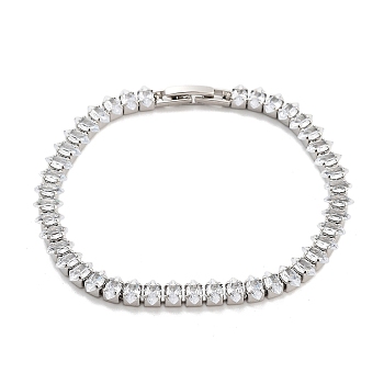 Brass Pave Clear Cubic Zirconia Horse Eye Link Bracelets, Nickle Free, Long-Lasting Plated, Platinum, 7-1/8 inch(18cm)