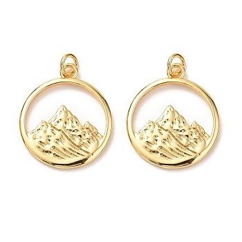 Brass Pendants, with Jump Ring, Long-Lasting Plated, Flat Round with Mountain, Real 18K Gold Plated, 23.5x20x2mm, Hole: 3mm, Jump Ring: 5x0.8mm