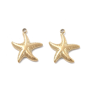 304 Stainless Steel Charms, Starfish Charm, Ion Plating(IP), Real 18K Gold Plated, 14x12x2mm, Hole: 1.2mm