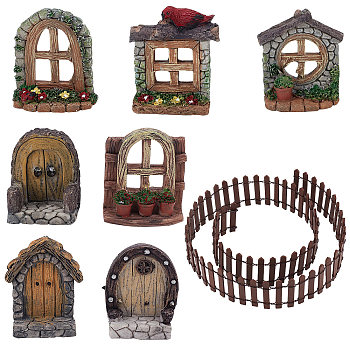 Resin Dollhouse Building Accessories,  including Imitation Wood Door, Window & Garden Fence, for Micro Landscape Decoration, Mixed Color, 32.5~900x16~51x4.5~57mm