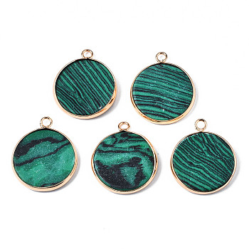 Natural Malachite Pendants, with Golden Plated Brass Edge and Loop, Flat Round, 25x21x3.5mm, Hole: 2mm