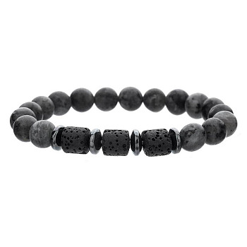 Round Natural Larvikite & Colunm Lava Rock & Synthetic Non-magnetic Hematite Stretch Beaded Bracelet for Women Men