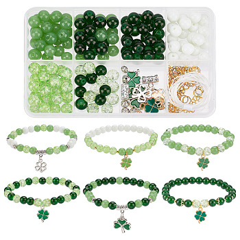 DIY Saint Patrick's Day Bracelet Making Kit, Including Alloy Enamel Clover Pendants, Brass & Alloy & Glass Imitation Jade Beads, Green, 198Pcs/box