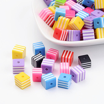 Mixed Cube Resin Beads, with Stripe Pattern, about 8mm long, 8mm wide, 8mm thick, hole: 1.5mm