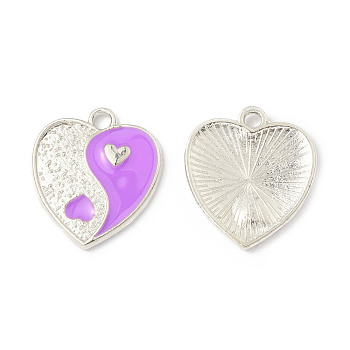 Alloy Enamel Pendants, Heart with Yin Yang Charm, Platinum, Medium Orchid, 17x15x1.6mm, Hole: 1.8mm