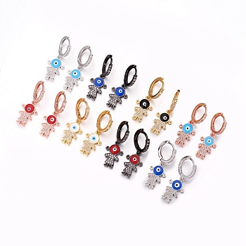 Brass Cubic Zirconia Hoop Earrings, Dangle Earrings, Girl, Mixed Color, 33mm, Pendant: 18x12x3mm, Pin: 1mm