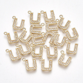 Brass Cubic Zirconia Charms, Letter, Clear, Real 18K Gold Plated, Letter.U, 9.5x9x1.5mm, Hole: 1mm