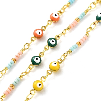 Evil Eyes Brass Ename Link Chains, with Glass Beads, Real 18K Gold Plated, Soldered, with Spools, Long-Lasting Plated, Mixed Color, 4.5x4.5x4mm