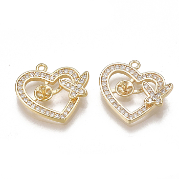 Brass Micro Pave Cubic Zirconia Peg Bails Pendants, For Half Drilled Bead, Nickel Free, Real 18K Gold Plated, Heart, Clear, 15x16x3mm, Hole: 1.2mm, Pin: 0.8mm