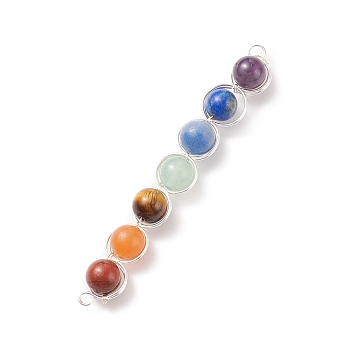 7Pcs Round Natural Gemstones Copper Wire Wrapped Connector Charms, Natural Red Jasper & Red Aventurine & Tiger Eye & Green Aventurine & Blue Aventurine  & Blue Tiger Eye & Amethyst, Silver, 80x11x8~9mm, Hole: 2~2.5mm