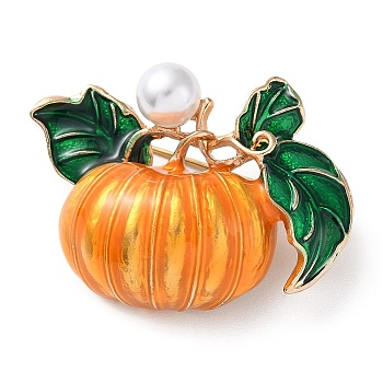 Autumn Pumpkin Enamel Pins, Alloy Brooch, with Plastic Imitation Pearl, Orange, 28.5x39.5x13mm