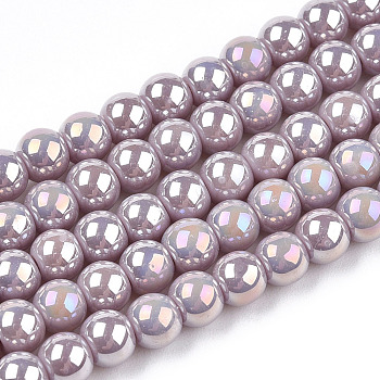 Electroplate Opaque Glass Beads Strands, AB Color Plated, Round, Rosy Brown, 4~4.5mm, Hole: 0.8mm, about 97~99pcs/strand, 14.76 inch~14.96 inch(37.5~38cm)