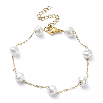 ABS Plastic Imitation Pearl Beaded Chain Anklets, 304 Stainless Steel Jewelry for Women, Light Gold, 7-3/4 inch(19.8cm)