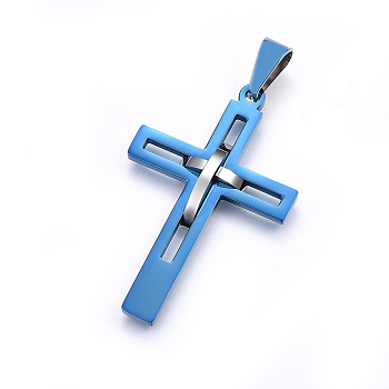 304 Stainless Steel Pendants, Cross, Blue & Stainless Steel Color, 45x29x4mm, Hole: 8x5mm