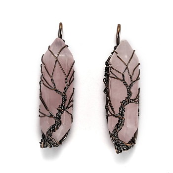 Natural Rose Quartz Big Wire Wrapped Pendants, with Brass Wires, prismatic with Tree of Life, Red Copper, 48~62x14~17x13~18mm, Hole: 4x5~6mm