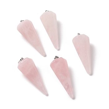 Natural Rose Quartz Pendants, with Platinum Plated Brass Findings, Faceted, Cone, 35~36x13~14x12~12.5mm, Hole: 2.7x6.5mm