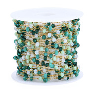 Glass Faceted Round Beaded Chains, with Real 14K Gold Plated 316 Stainless Steel Paperclip Chains, Soldered, with Spool, Light Sea Green, 3x2mm, about 16.40 Feet(5m)/Roll(CHS-N003-07)
