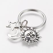 Alloy Keychain, with 316 Surgical Stainless Steel Key Ring, Sun, Star and Moon, Mixed Color, 51mm(KEYC-JKC00142)