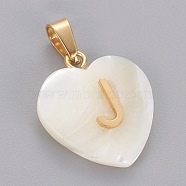 Shell Pendants, with 304 Stainless Steel Findings, Heart with Letter, Golden, Letter.J, 23.5x20x7mm, Hole: 3.5x7mm(STAS-F210-17G-J)