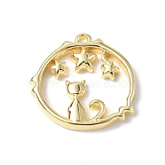 Brass Pendants, Round Ring with Cat & Star Charm, Real 18K Gold Plated, 16x16x2mm, Hole: 1mm(KK-F846-03G)