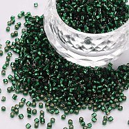 Glass Cylinder Beads, Seed Beads, Silver Lined, Round Hole, Dark Green, 1.5~2x1~2mm, Hole: 0.8mm, about 80000pcs/bag, about 1pound/bag(SEED-S047-R-012)