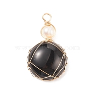 Synthetic Black Stone Pendants, with Golden Tone Copper Wire Wrapped and Natural Cultured Freshwater Pearl, Oval, 34x21x8mm, Hole: 3.7mm(PALLOY-JF01556-07)