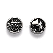 304 Stainless Steel Beads, Flat Round with Twelve Constellations, Antique Silver, Aquarius, 10x4mm, Hole: 1.8mm(STAS-H156-01E)