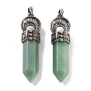 Natural Green Aventurine Pointed Big Pendants, Faceted Bullet Charms with Rack Plating Antique Silver Plated Alloy Horn, 61~62x17.5x16mm, Hole: 7x6.5mm(G-Q163-02AS-02)