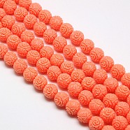Synthetic Coral Beads Strands, Dyed, Round Beads Carved Flower Rose, Coral, 10mm, Hole: 1mm, about 40pcs/strand, 15.74 inch(CORA-L032-10mm-08)