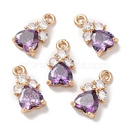 K9 Glass Charms, with Light Gold Tone Brass Findings and Rhinestone, Heart Charms, Amethyst, 13x7x4mm, Hole: 1.2mm(FIND-C036-07KCG-05)