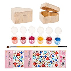 DIY Jewelry Boxes Kits, with Unfinished Heart Shape Wooden Jewelry Boxes, Wood Art Brushes Pen, Acrylic Rhinestone Sticker, Plastic Empty Paint Palette, Mixed Color, Boxes: 9.5x10.35x5cm, inner diameter: 6.4x8.8cm, 2pcs/set(DIY-PH0027-22)