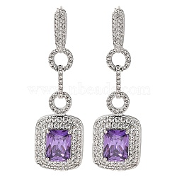 Brass Micro Pave Cubic Zirconia Dangle Stud Earrings, Rectangle, Platinum, Medium Orchid, 46x14mm(EJEW-H014-15P-09)