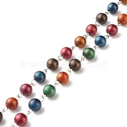 Handmade Imitaion Tiger Eye Acrylic Beaded Chain, with Iron Findings, Round, Unwelded, Colorful, Links: 14x7.5~8mm, Beads: 7.5~8mm, about 3.28 Feet(1m)/Strand(AJEW-JB01106)