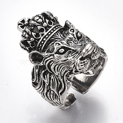 Alloy Cuff Finger Rings, Wide Band Rings, Lion, Antique Silver, Size 9, 19mm(X-RJEW-T006-36)