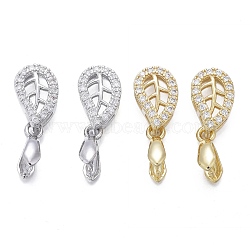 Brass Micro Pave Cubic Zirconia Ice Pick Pinch Bails, Long-Lasting Plated, Leaf, Clear, Mixed Color, 20.5x8x5mm, Hole: 2x3mm, Pin: 0.7mm(KK-K244-46)