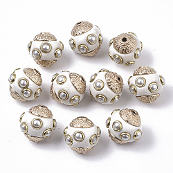 Handmade Indonesia Beads, with Metal Findings, Round, Rose Gold, White, 14~15x14.5~15mm, Hole: 1.6mm(IPDL-E012-14D)