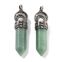 Natural Green Aventurine Pointed Big Pendants, Faceted Bullet Charms with Rack Plating Antique Silver Plated Alloy Horn, 61~62x17.5x16mm, Hole: 7x6.5mm(G-Q163-02AS-02)