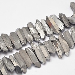 Electroplated  Natural Quartz Crystal Beads Strands, Nuggets, Tusk Shape, Silver Plated, 7~15x18~60mm, Hole: 1mm, about 46pcs/strand, 16 inch(G-A142-03I)