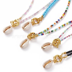 Electroplate Natural Cowrie Shell Pendant Necklaces, with Round Mixed Style Glass Seed Beads, Golden, Mixed Color, 17.91 inch(45.5cm)(NJEW-JN03285)