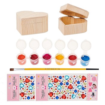 DIY Jewelry Boxes Kits, with Unfinished Heart Shape Wooden Jewelry Boxes, Wood Art Brushes Pen, Acrylic Rhinestone Sticker, Plastic Empty Paint Palette, Mixed Color, Boxes: 9.5x10.35x5cm, inner diameter: 6.4x8.8cm, 2pcs/set